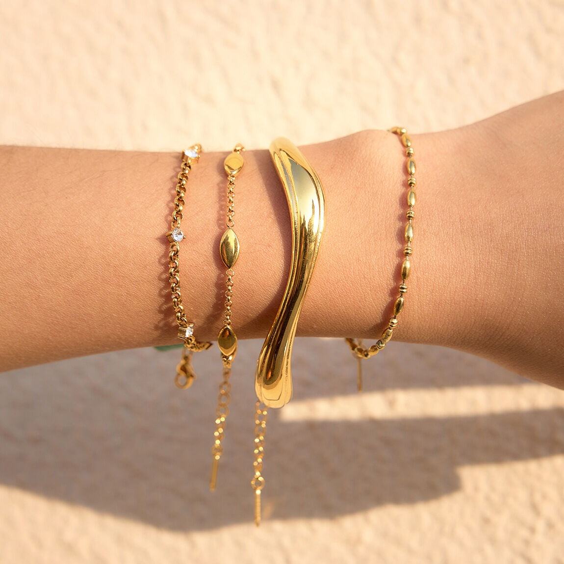 Luxurious Simple Beads Stainless Steel Waterproof Gold Color Zircon Women's Chain Bracelets