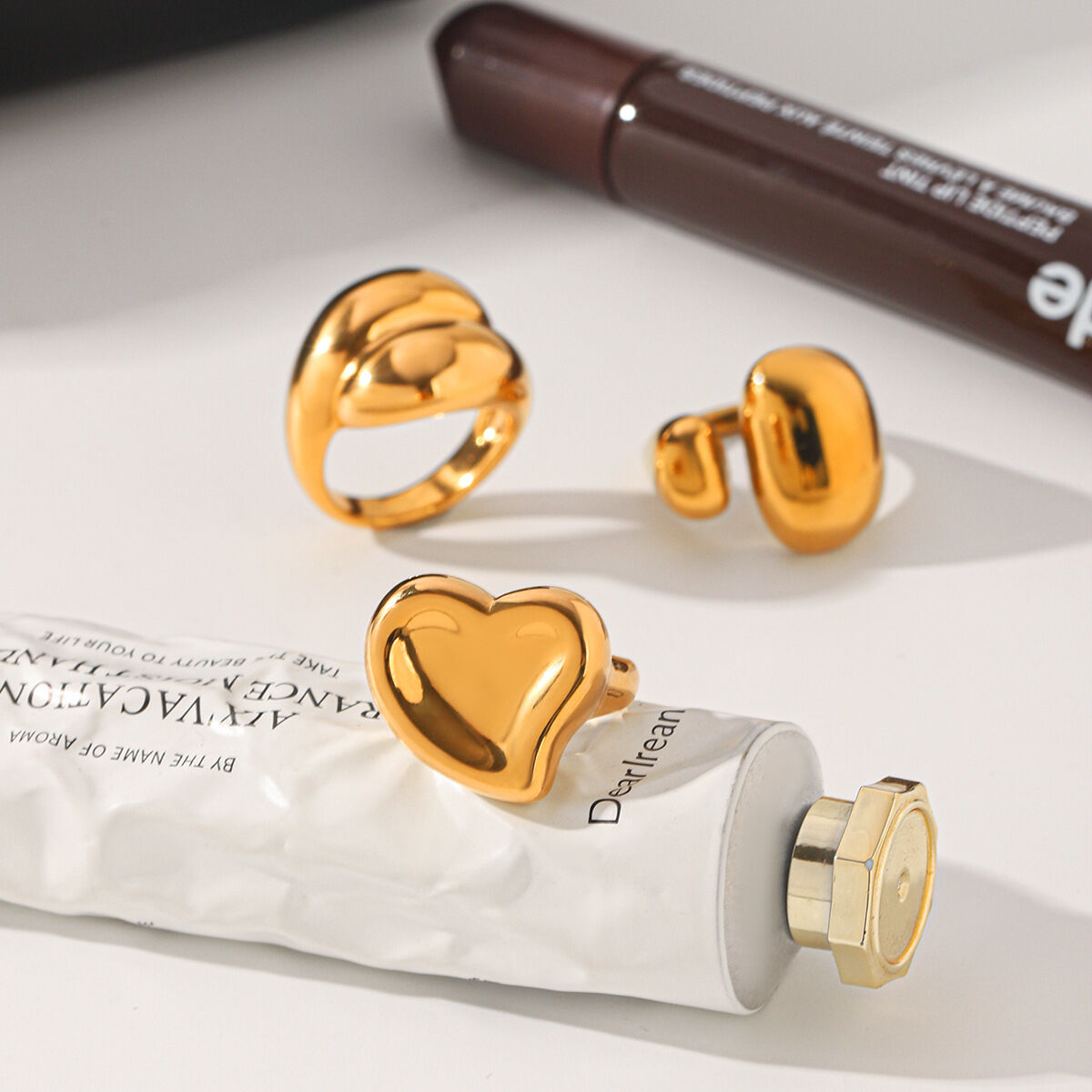 Unregelmäßig geformte, herzförmige Statement-Ringe aus Edelstahl, wasserdicht, goldfarben h5 Bild4