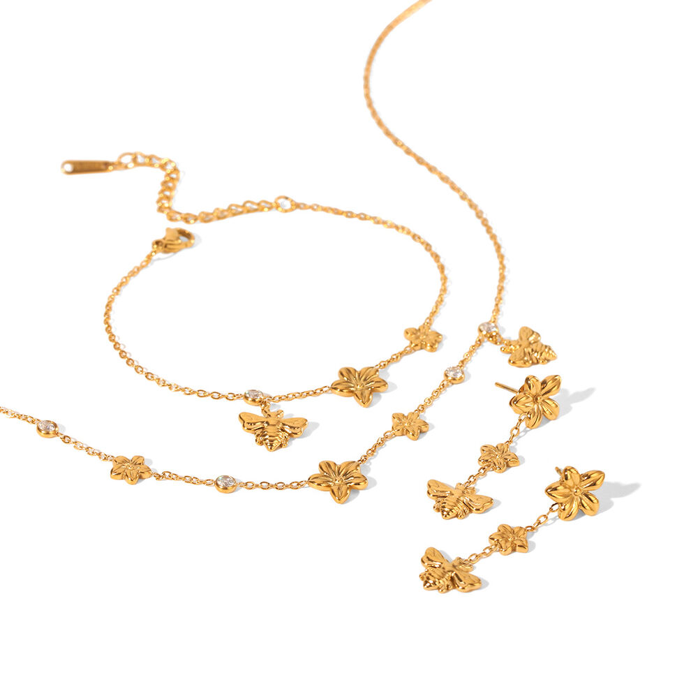 Flower Stainless Steel Waterproof Gold Color Women's Necklaces Set h5Picture6