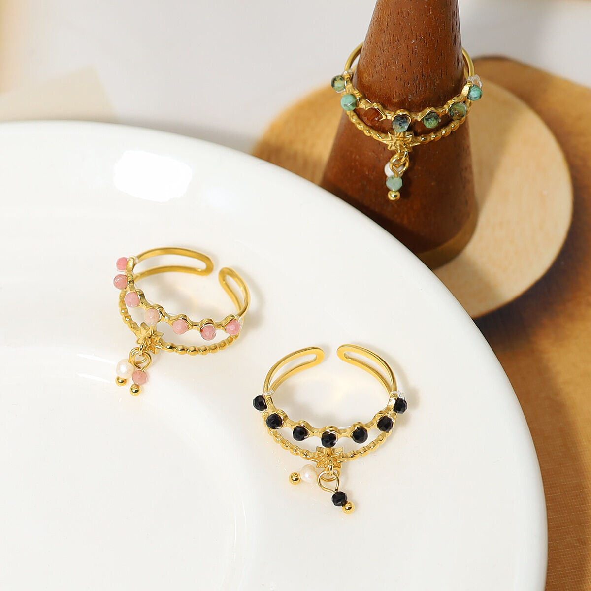 Anillos llamativos de acero inoxidable con cristales dorados resistentes al agua de la serie romántica Sweet Star 2