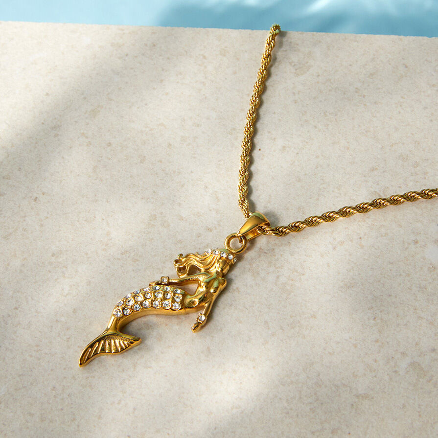 Meerjungfrauen-Anhänger aus Edelstahl, wasserdicht, goldfarben, Zirkonia, Damenkette Bild2