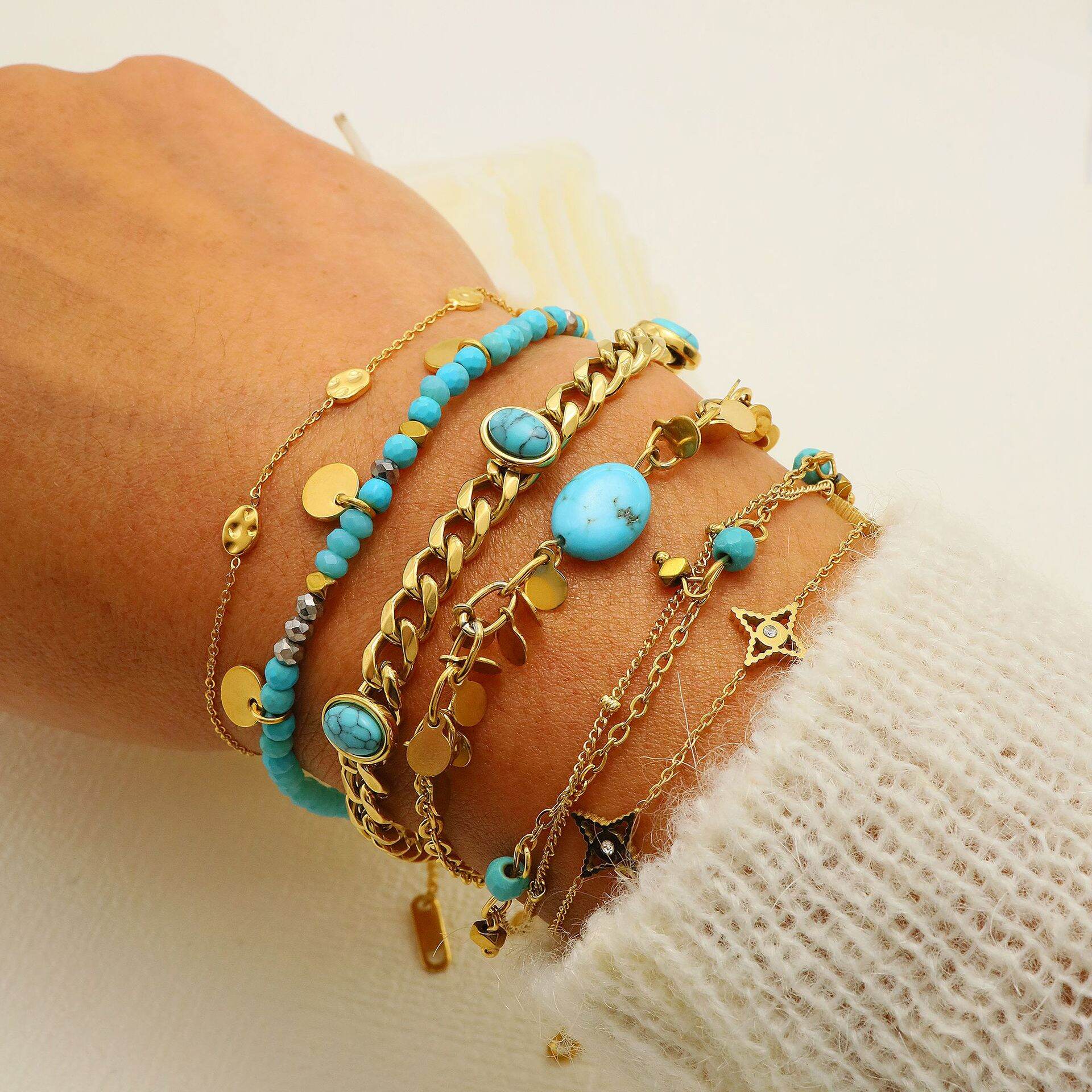 Braccialetti con perline da donna in acciaio inossidabile, impermeabili, color oro, con pietre naturali e perline retrò