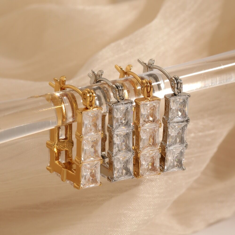 Rectangle Shape Stainless Steel Waterproof Gold Color Gemstone Women's Stud Earrings 2