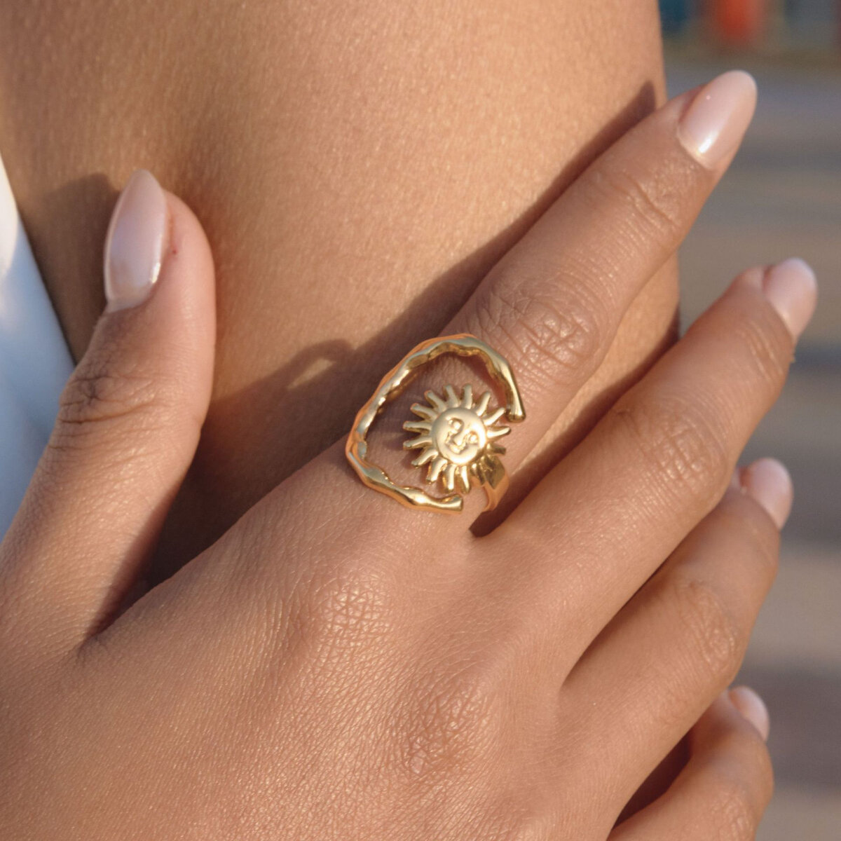 Retro Sun Shape Stainless Steel Waterproof Gold Color Statement Rings Picture4