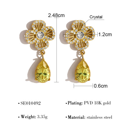 Elegant Flower Stainless Steel Waterproof Gold Color Crystal Women's Drop Earrings