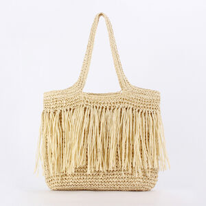 Vacation Style Woven Solid Color Tassel Paper Women's Tote Bag h5