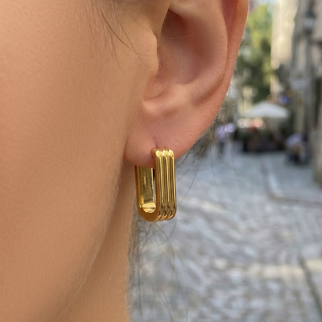 Simple U-shape Stripe Stainless Steel Waterproof Gold Color Women's Hoop Earrings Picture4