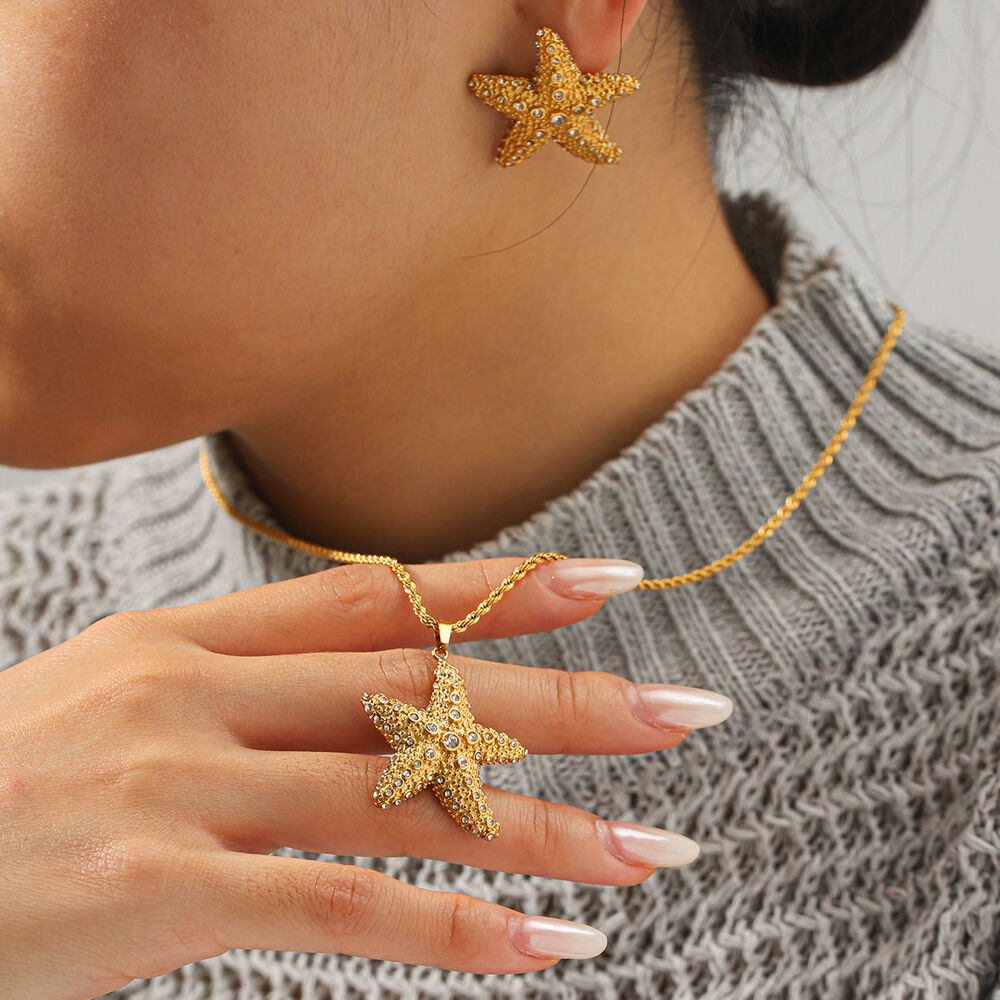 Vacation Starfish Stainless Steel Waterproof Gold Color Zircon Women's Necklaces Set h5Picture4