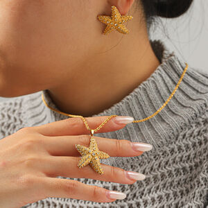 Vacation Starfish Stainless Steel Waterproof Gold Color Zircon Women's Necklaces Set h5 Picture4