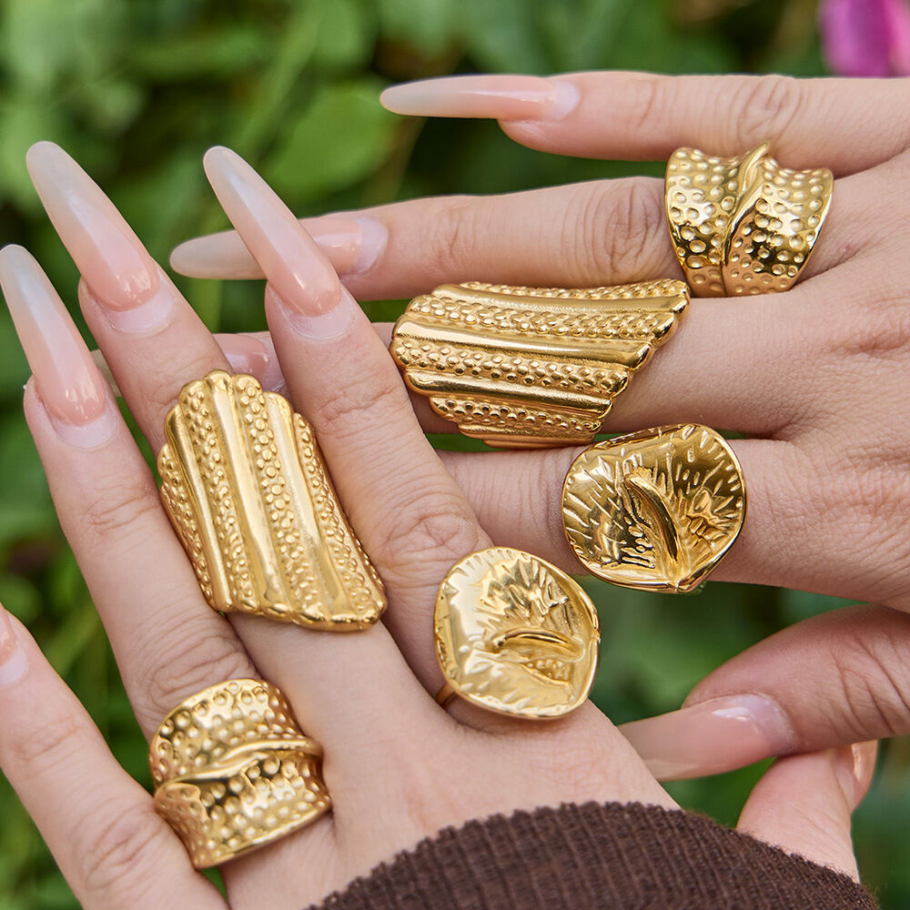Retro Irregular Shape Stainless Steel Waterproof Gold Color  Statement Rings h5 Picture4