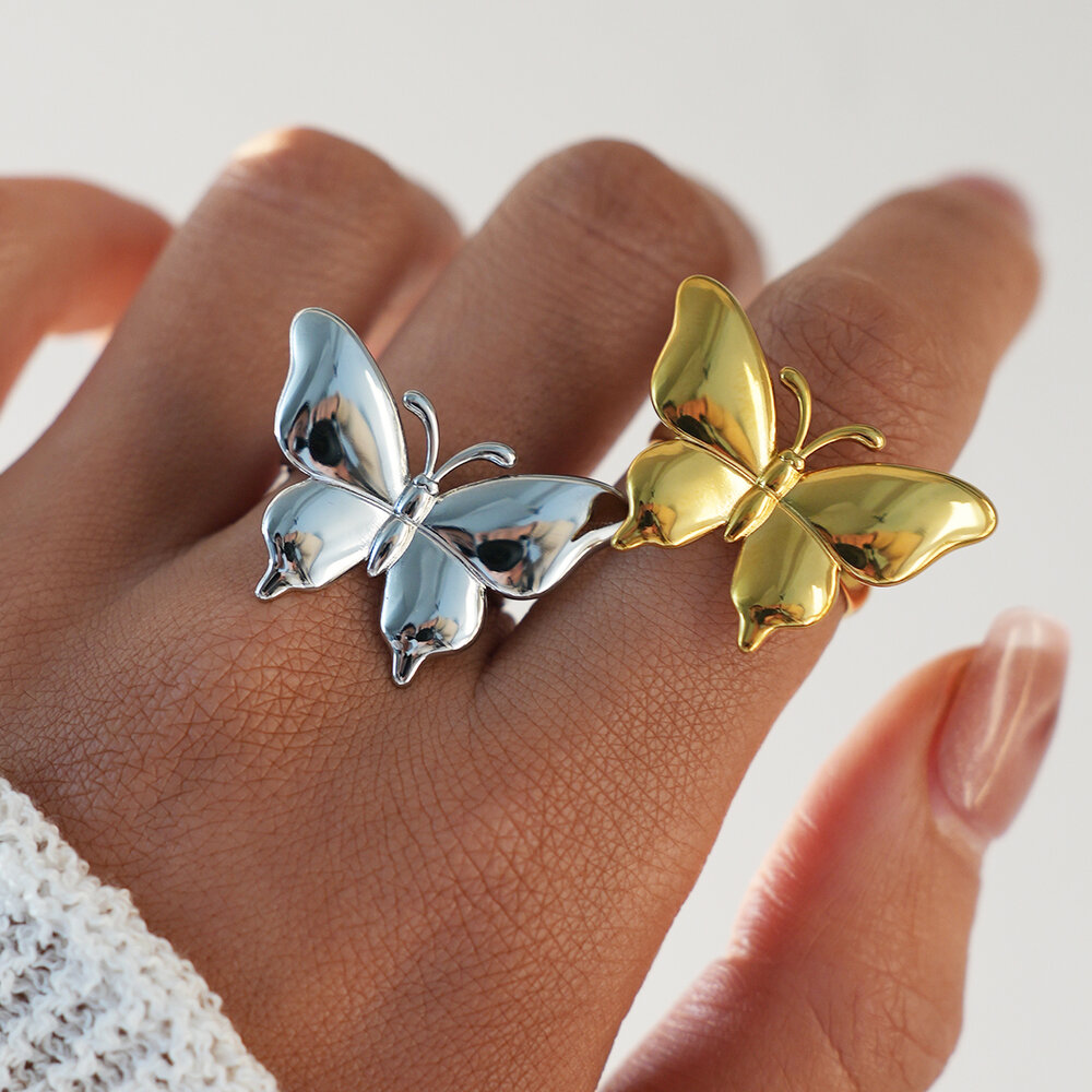 Butterfly Stainless Steel Waterproof Gold Color Statement Rings Picture4