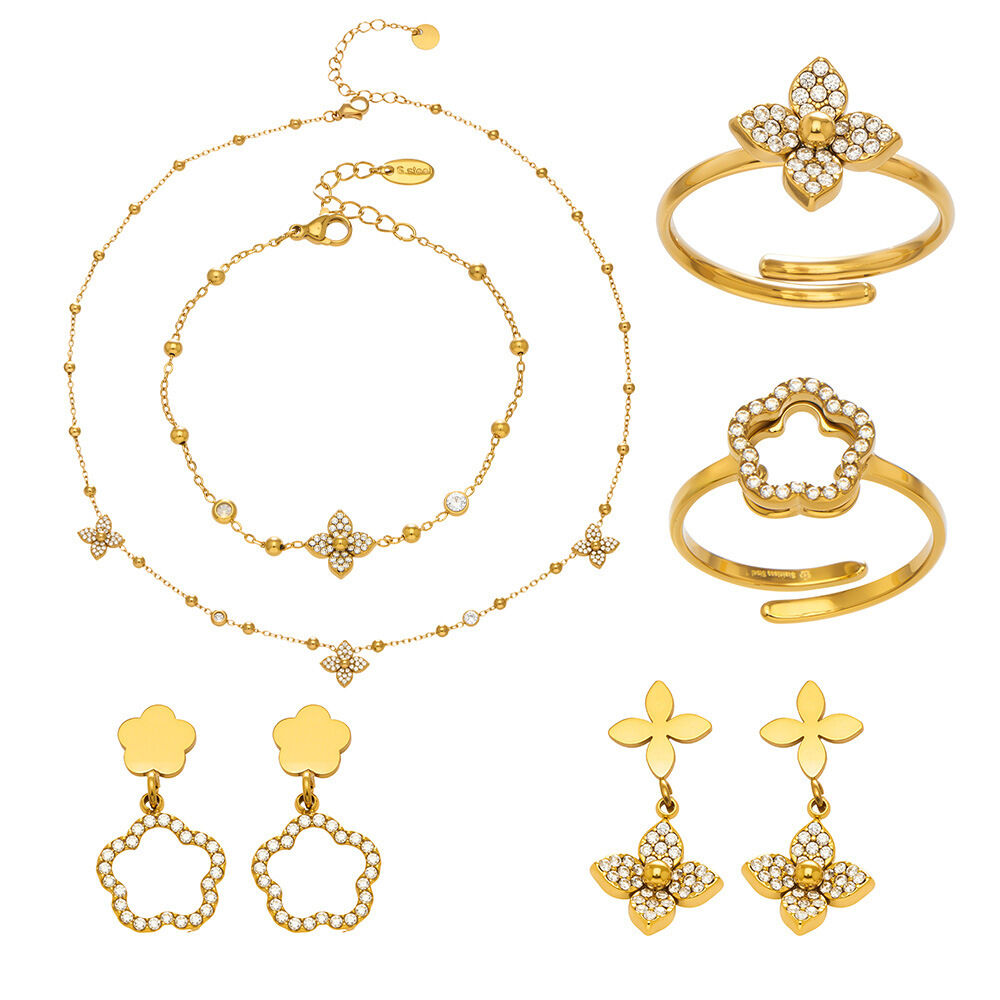 Classic Flower Stainless Steel Waterproof Gold Color Zircon Women's Drop Earrings h5 Picture5