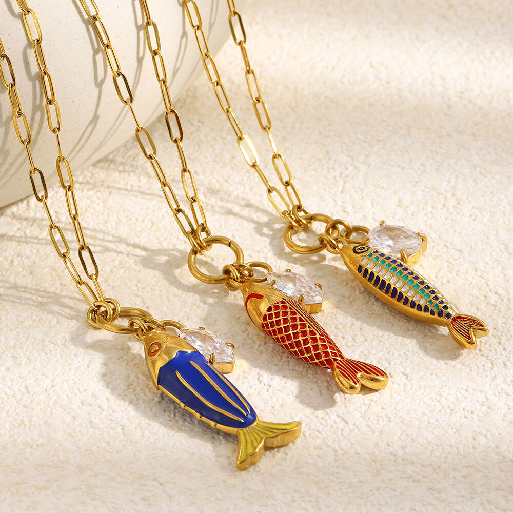 Vacation Enamel Fish Shape Stainless Steel Waterproof Gold Color  Women's Pendant Necklaces 2