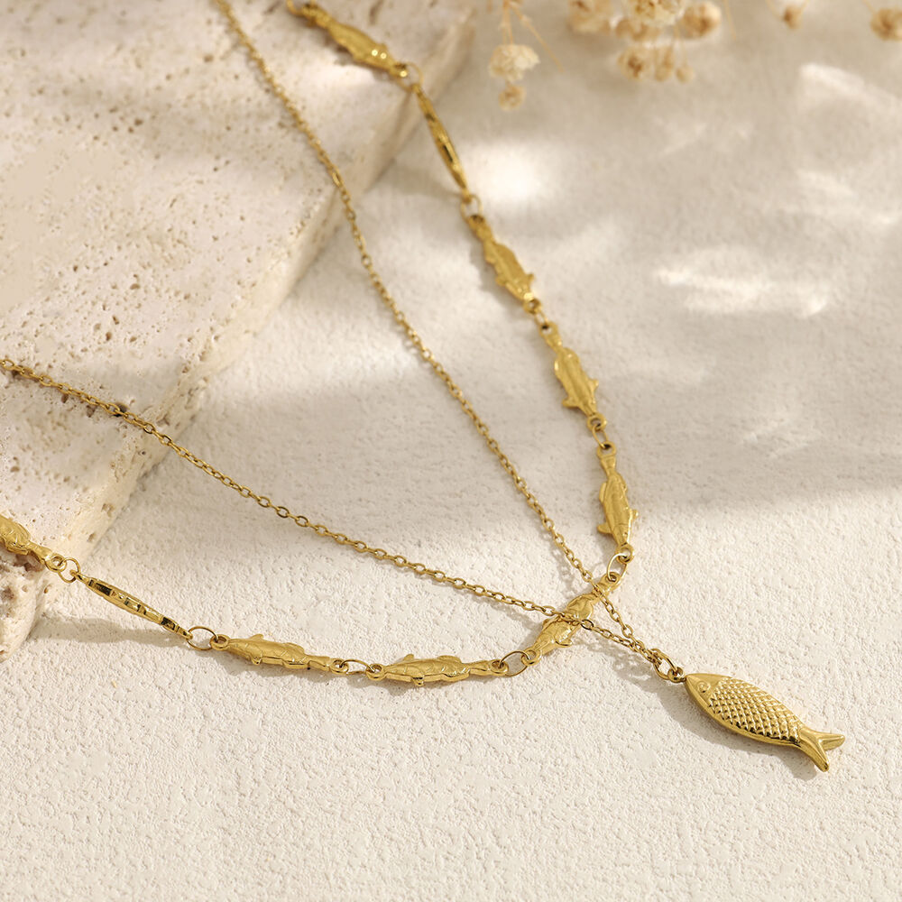 Fish Shape Stainless Steel Waterproof Gold Color Women's Layered Necklaces Picture4