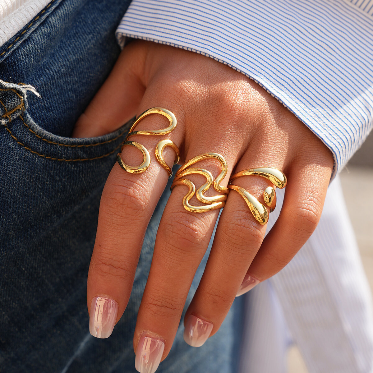 Daily Irregular Shape Stainless Steel  Waterproof  Gold Color Statement Rings Picture5
