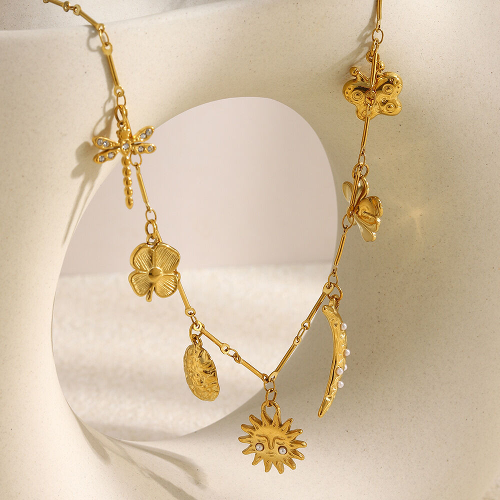Sweet Flower Butterfly Stainless Steel Waterproof Gold Color  Women's Pendant Necklaces