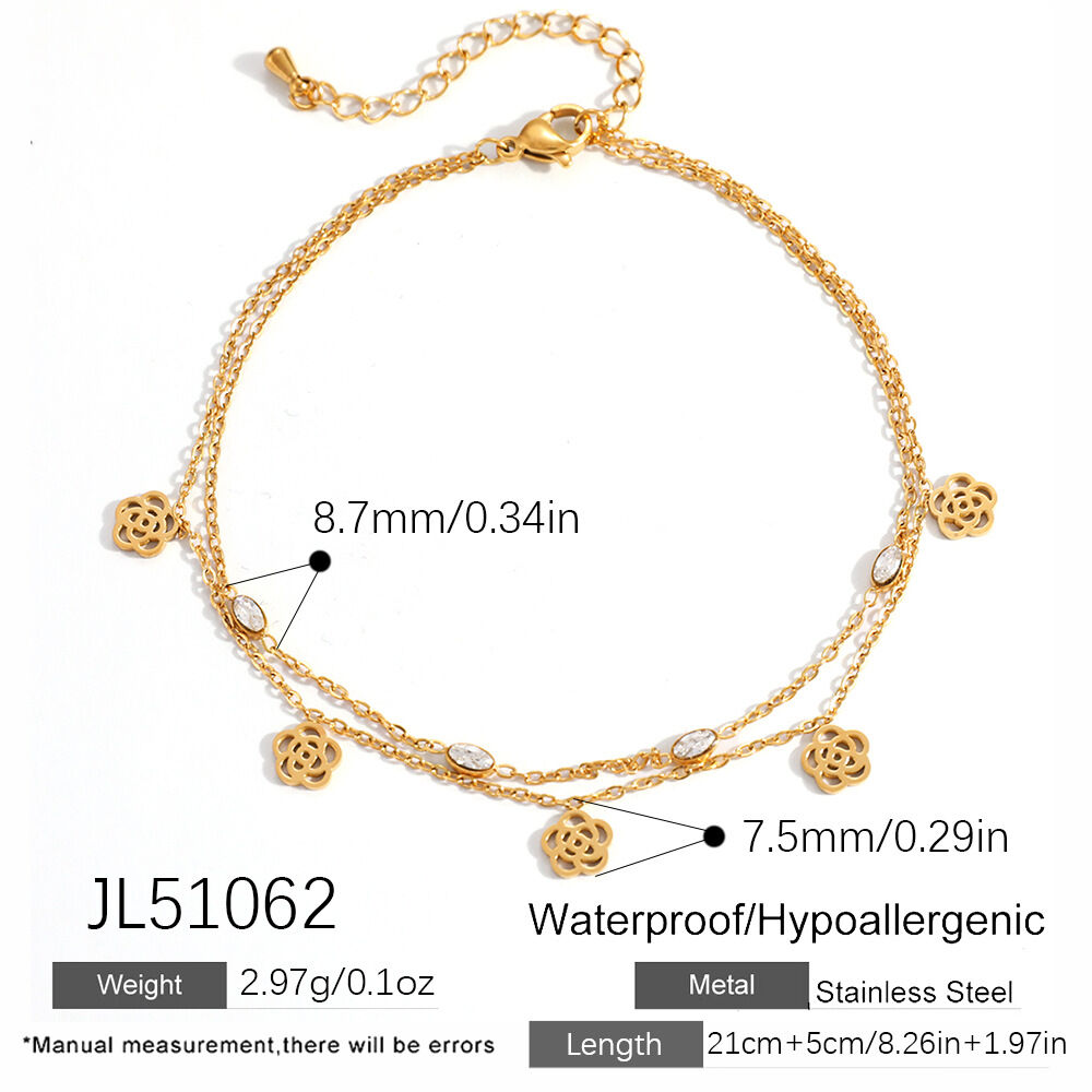 Elegant Flower Stainless Steel Waterproof Gold Color Rhinestone Anklets