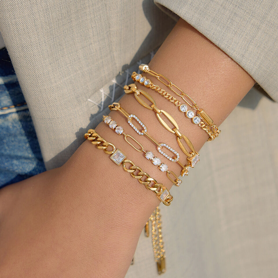 Simple Chain Stainless Steel Waterproof Gold Color Zircon Women's Chain Bracelets