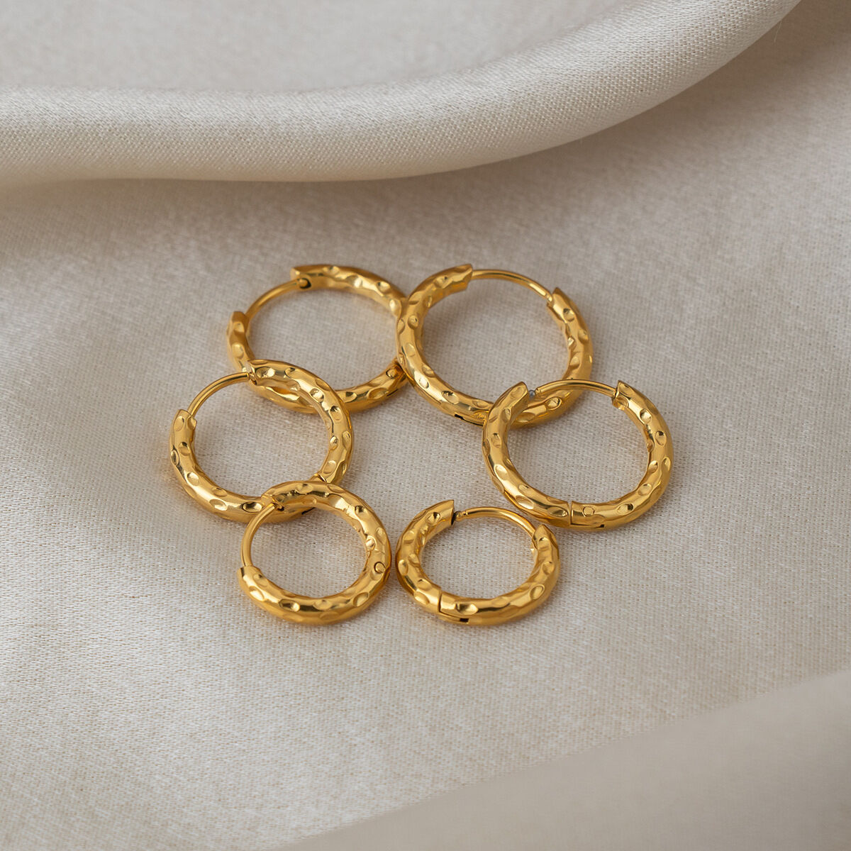 Simple  Circle Hammered Pattern Stainless Steel Waterproof   Gold Color  Women's Hoop Earrings Picture4