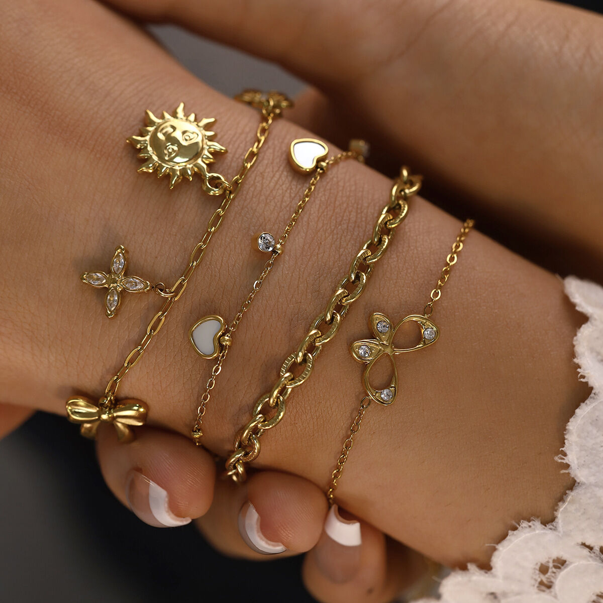 Romantic Flower Butterfly Stainless Steel Waterproof Gold Color Crystal Women's Charm Bracelets h5Picture3