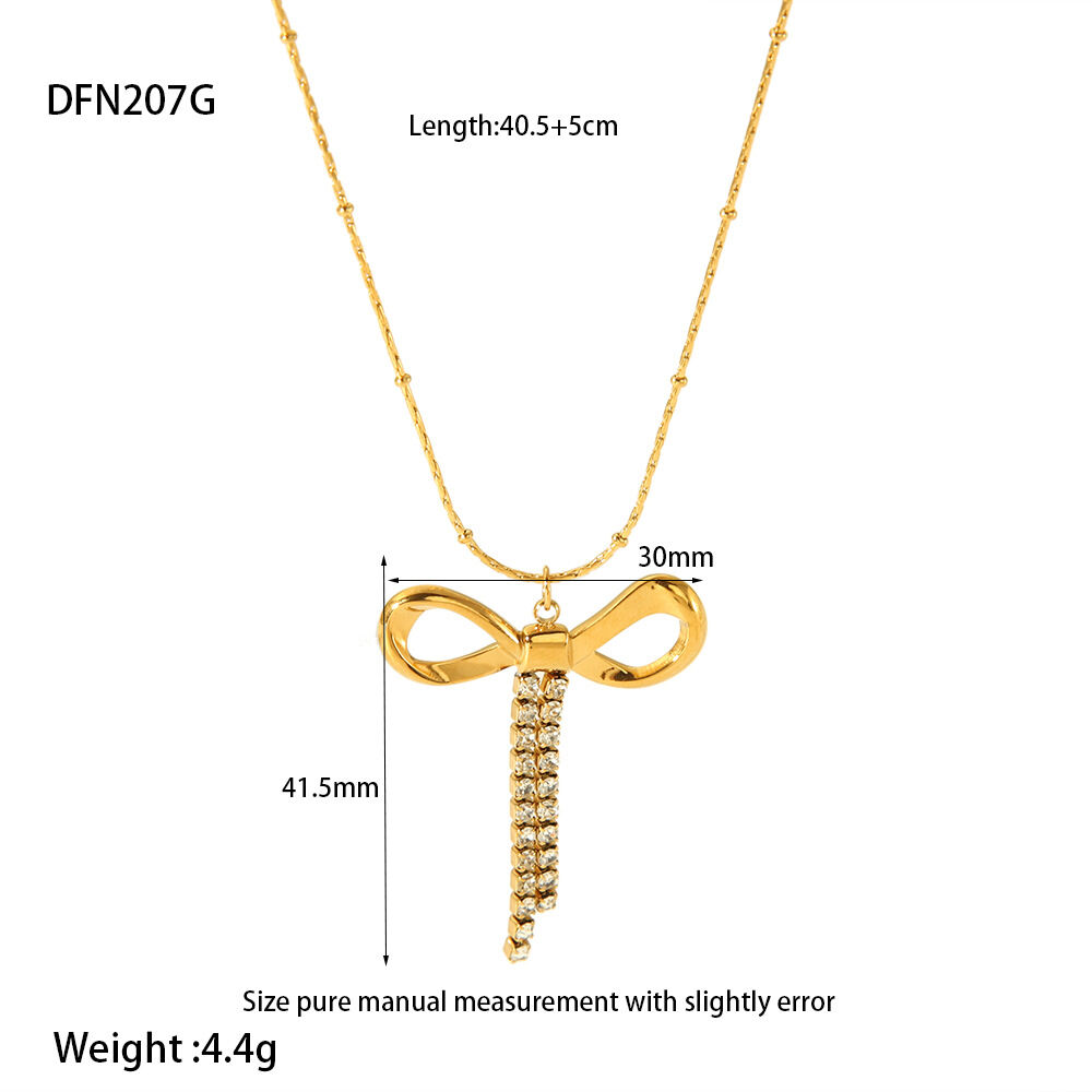 Romantic Sweet Bow Knot Stainless Steel Waterproof Gold Color Zircon Women's Pendant Necklaces h5 