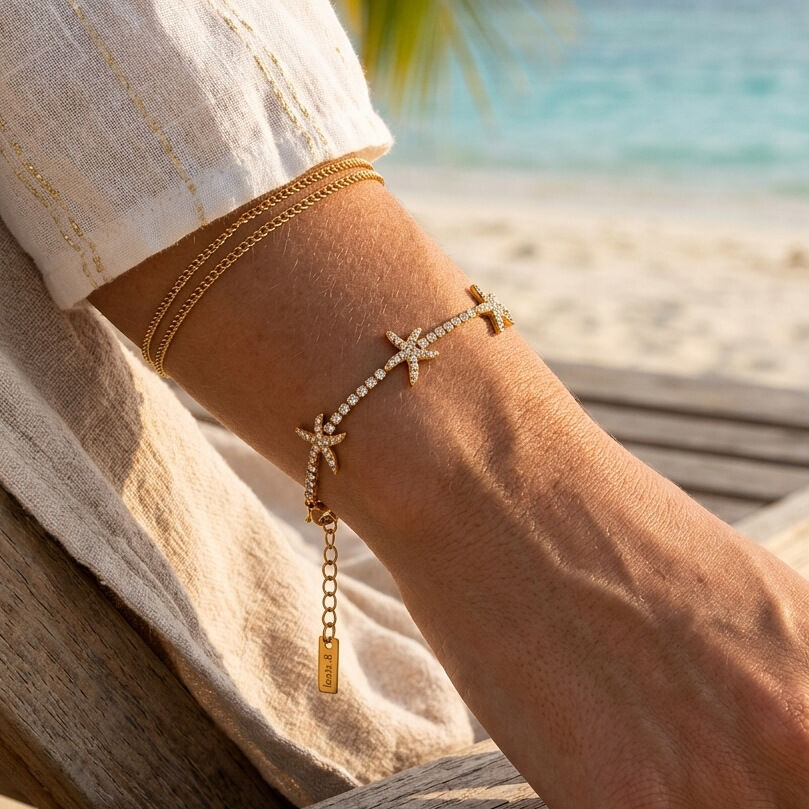 Vacation Starfish Stainless Steel Waterproof Gold Color Zircon Women's Chain Bracelets h5 Picture3
