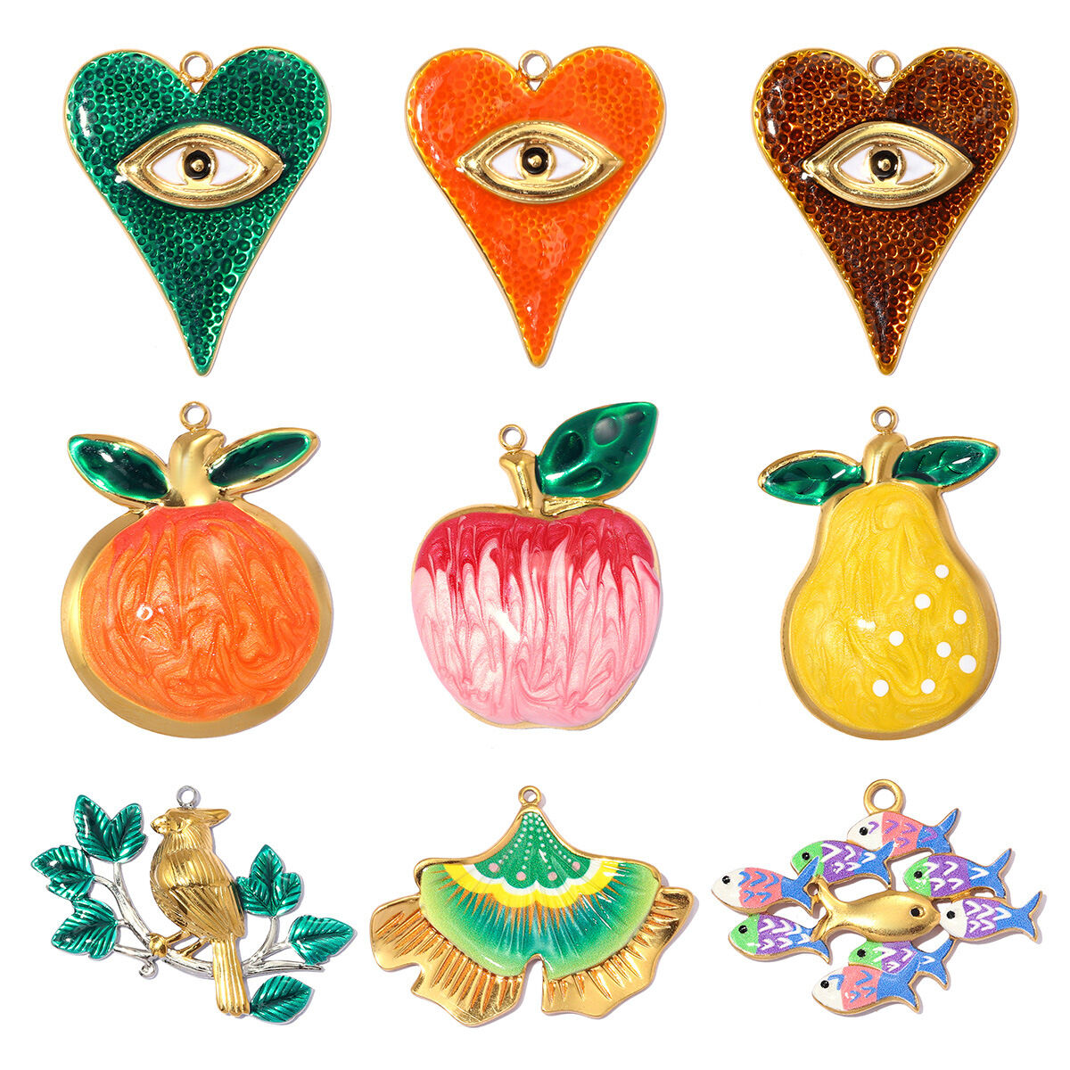 Colgantes de lujo para mujer, de acero inoxidable, color dorado, con forma de ojo del diablo, fruta, hoja y pez, hechos a mano.