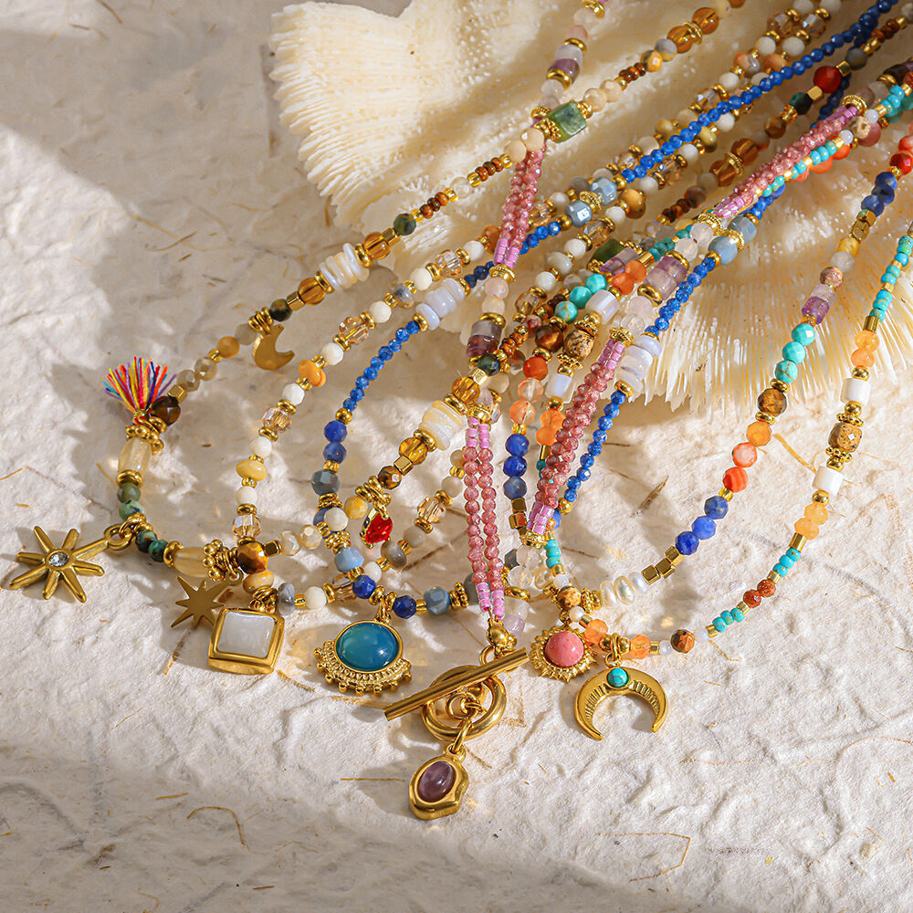 Bohemian Tassel Beads Natural Stones Gold Color Women's Beaded Necklaces h5 Picture2