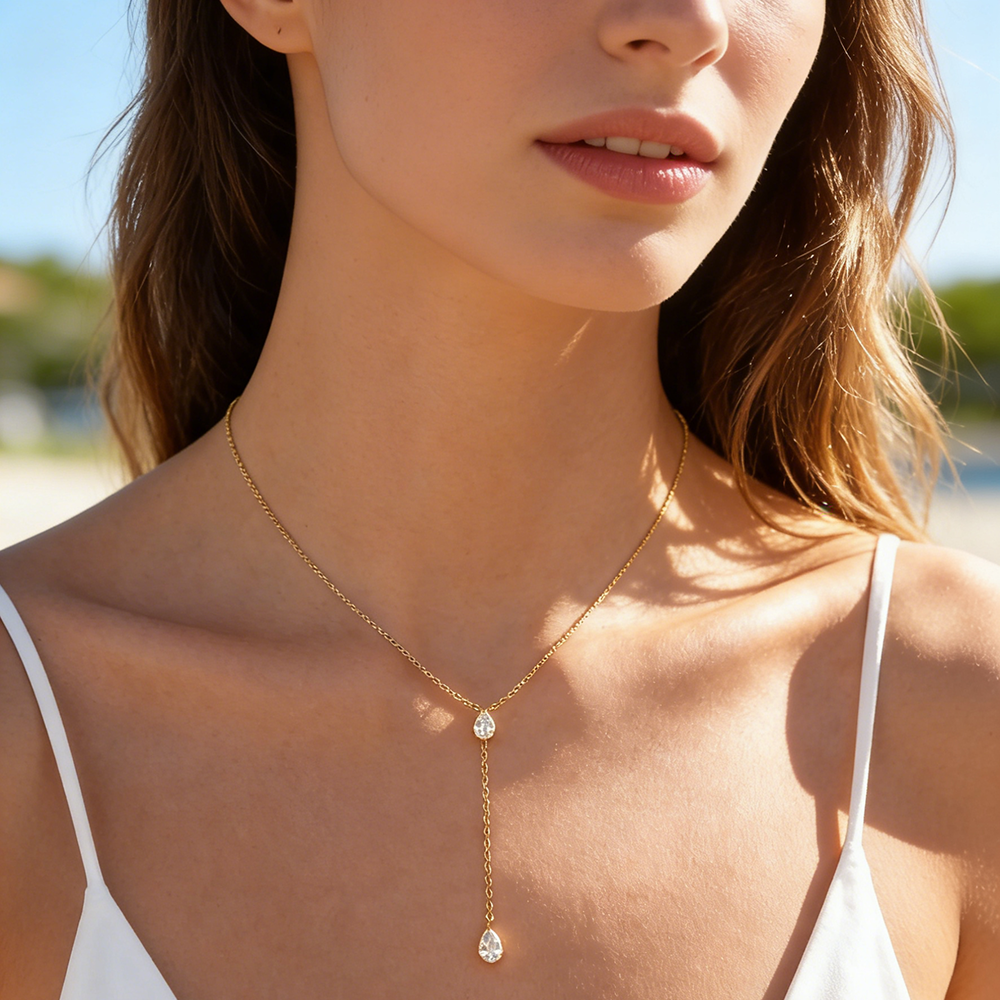 Simple Luxury Droplet Stainless Steel Waterproof Gold Color Zircon Women's Pendant Necklaces Picture3