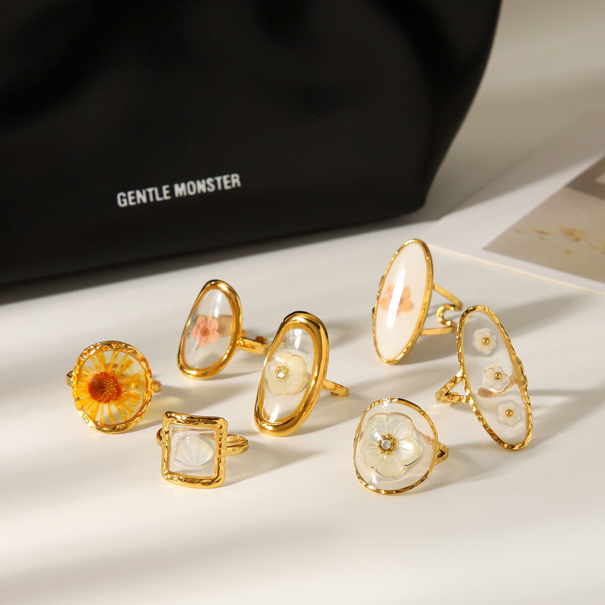 Daily Flower Stainless Steel Waterproof Gold Color Statement Rings h5 Picture5