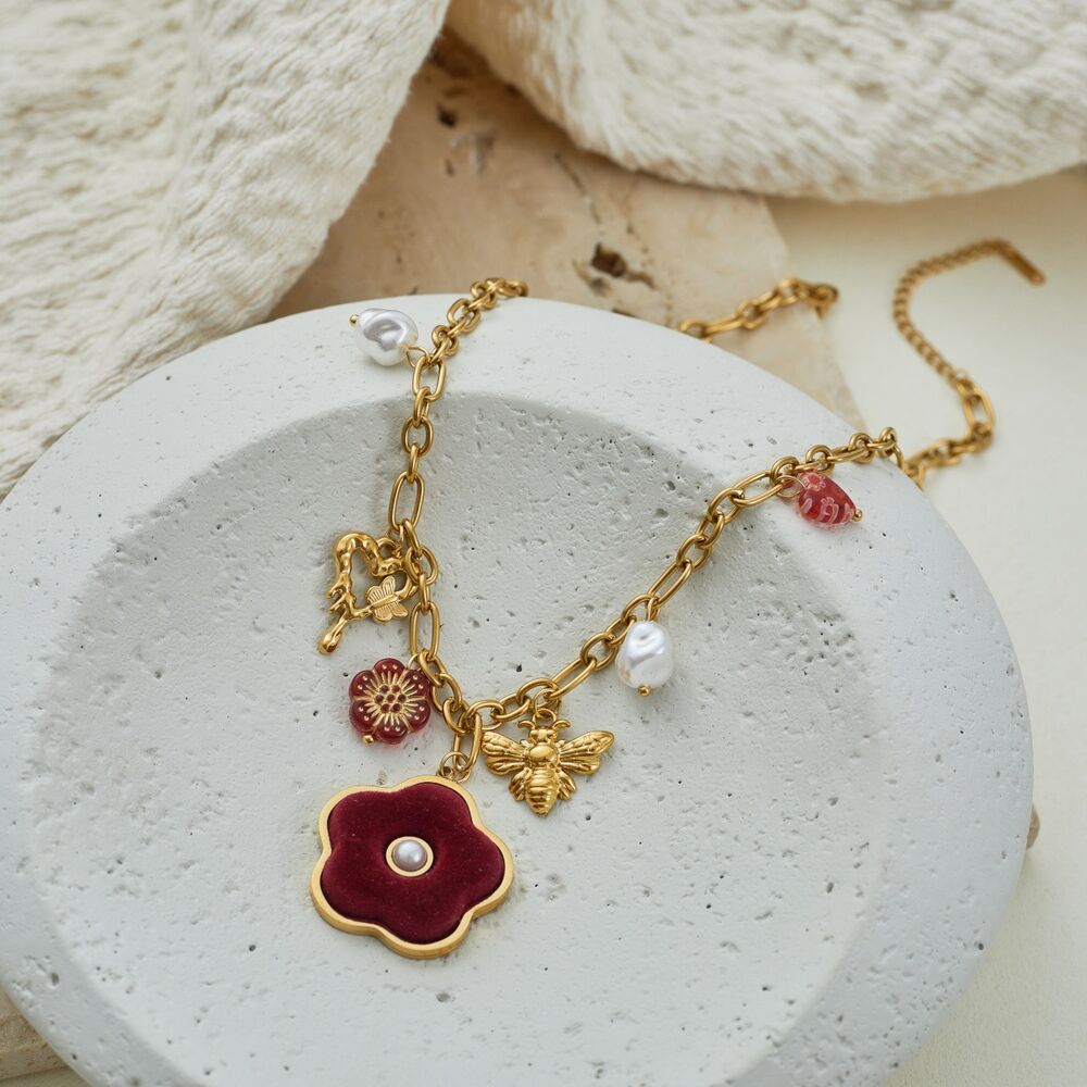 Retro Velvet Flower Butterfly Stainless Steel Waterproof Gold Color Women's Chain Necklaces Picture2