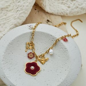 Retro Velvet Flower Butterfly Stainless Steel Waterproof Gold Color Women's Chain Necklaces h5 Picture2