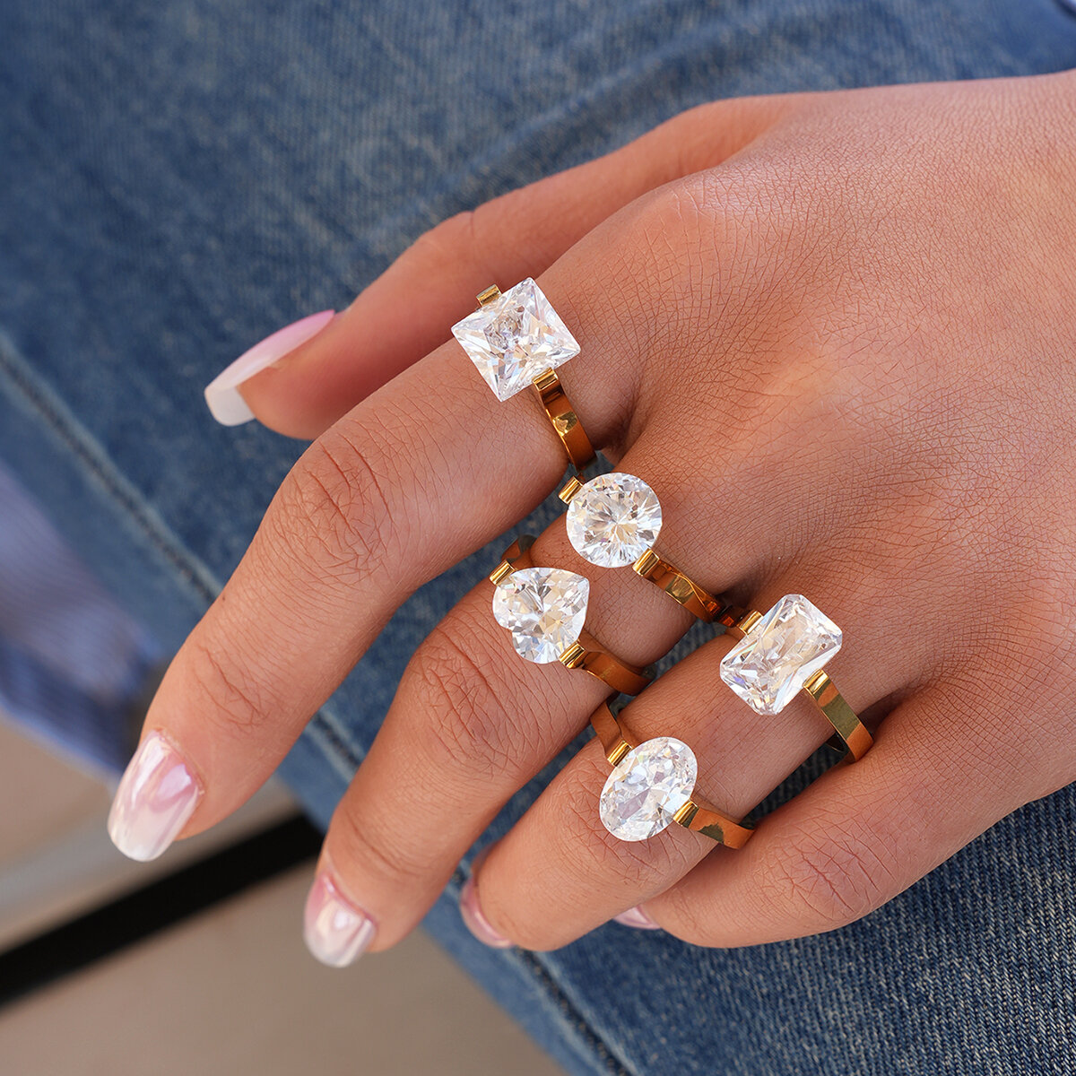 Daily Heart Circle Rectangle Stainless Steel Waterproof   Gold Color  Statement Rings h5 Picture5