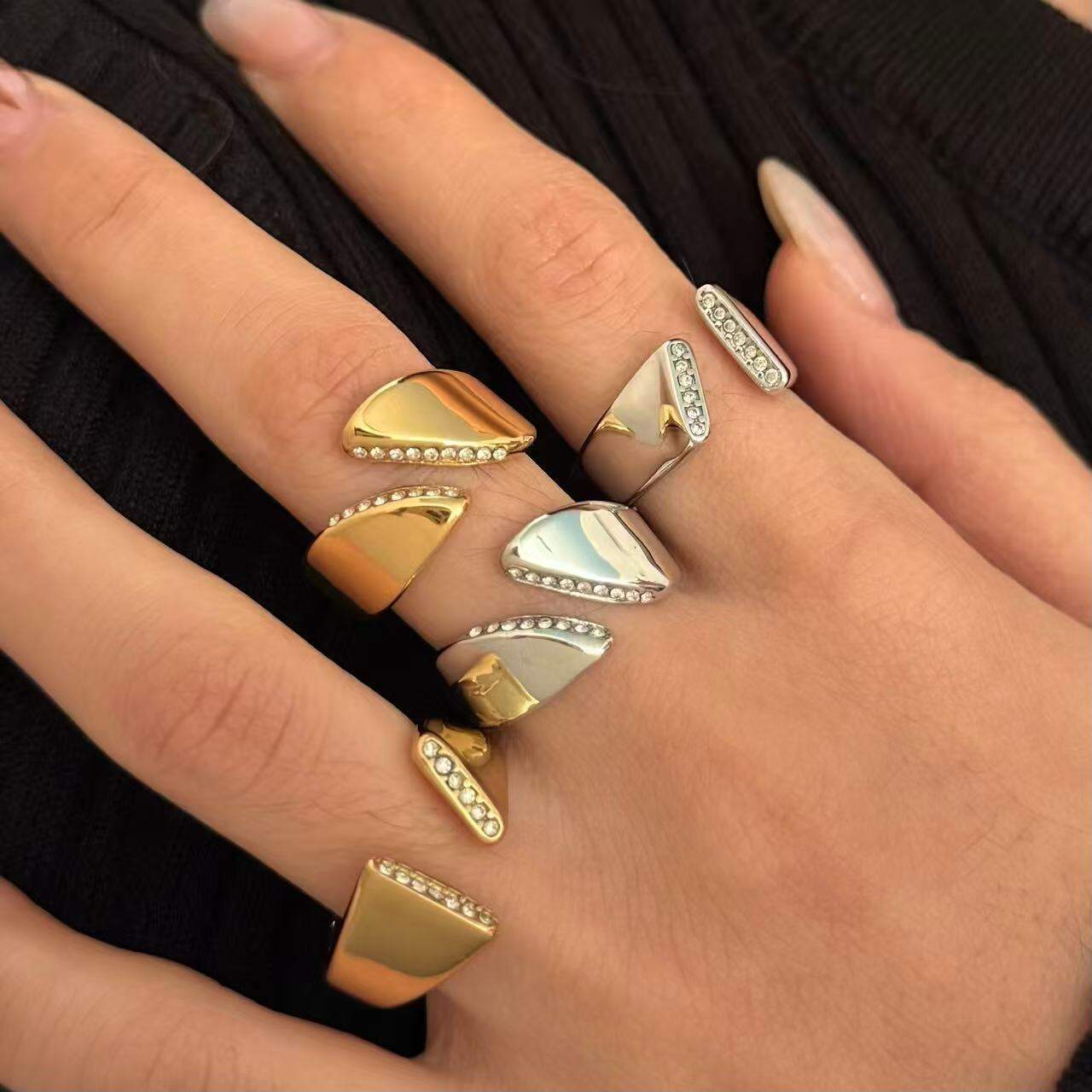Simple Geometric Shape Stainless Steel Waterproof Gold Color Rhinestone Statement Rings