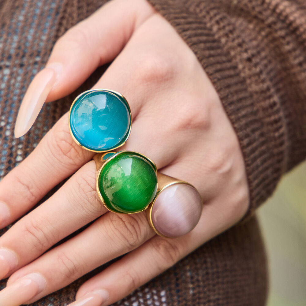Stainless Steel Waterproof Gold Color Artificial Gemstone Women's Statement Rings 2