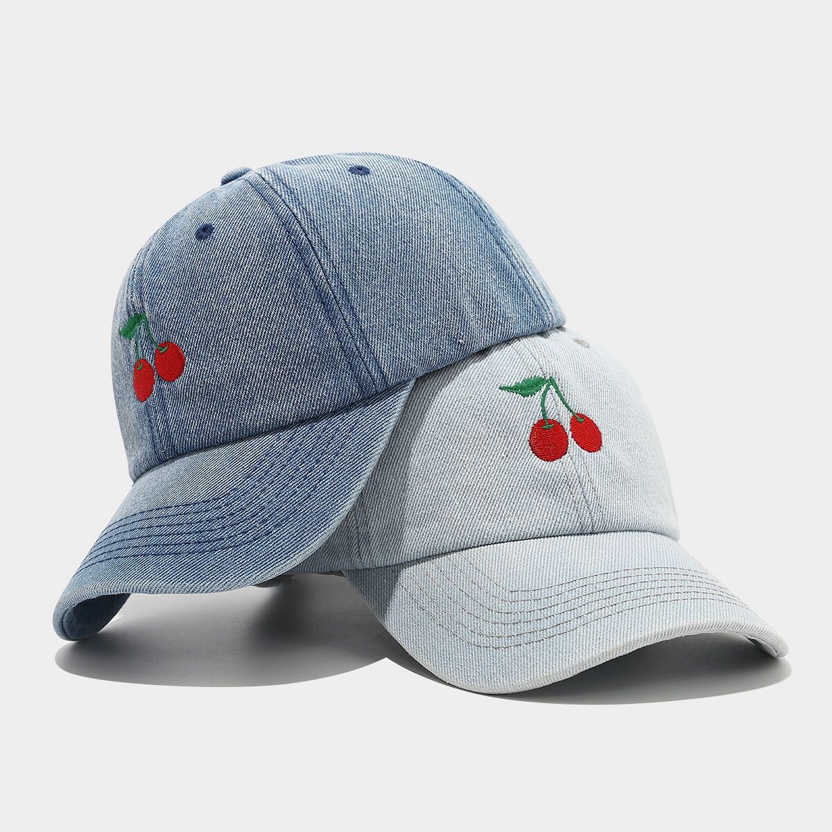 Sweet Cherry Embroidery Denim Fabric Women's Baseball Cap