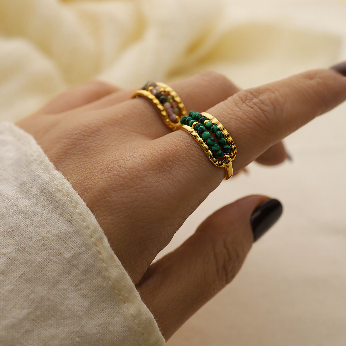 Anelli da donna con pietre preziose color oro, in acciaio inossidabile, impermeabili, retrò, con perline di pietra naturale