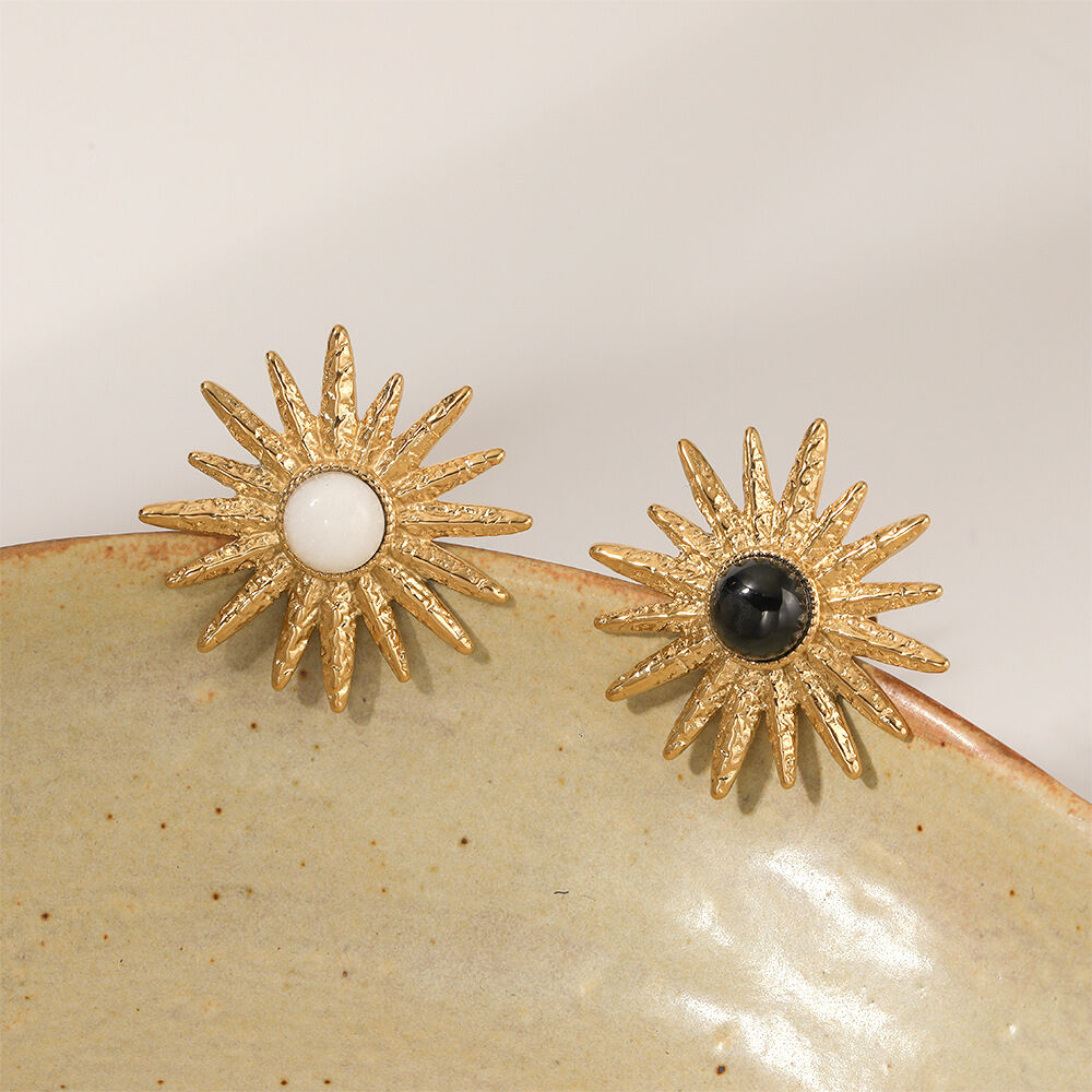 Retro Sun Stainless Steel Gold Color Natural Stone Brooches Picture3