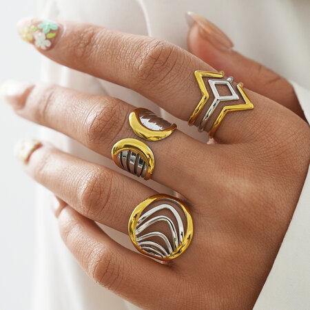 Retro, dagelijkse, onregelmatig gevormde, waterdichte, goudkleurige statement ringen van roestvrij staal. 2