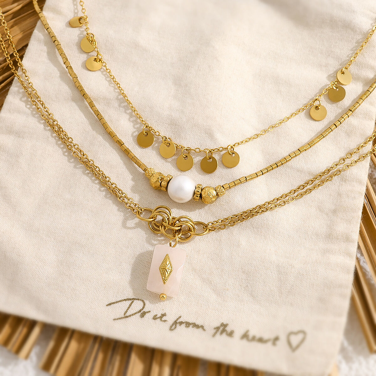 Retro Irregular Shape Stainless Steel Waterproof Gold Color Crystal Pearl Women's Pendant Necklaces 2