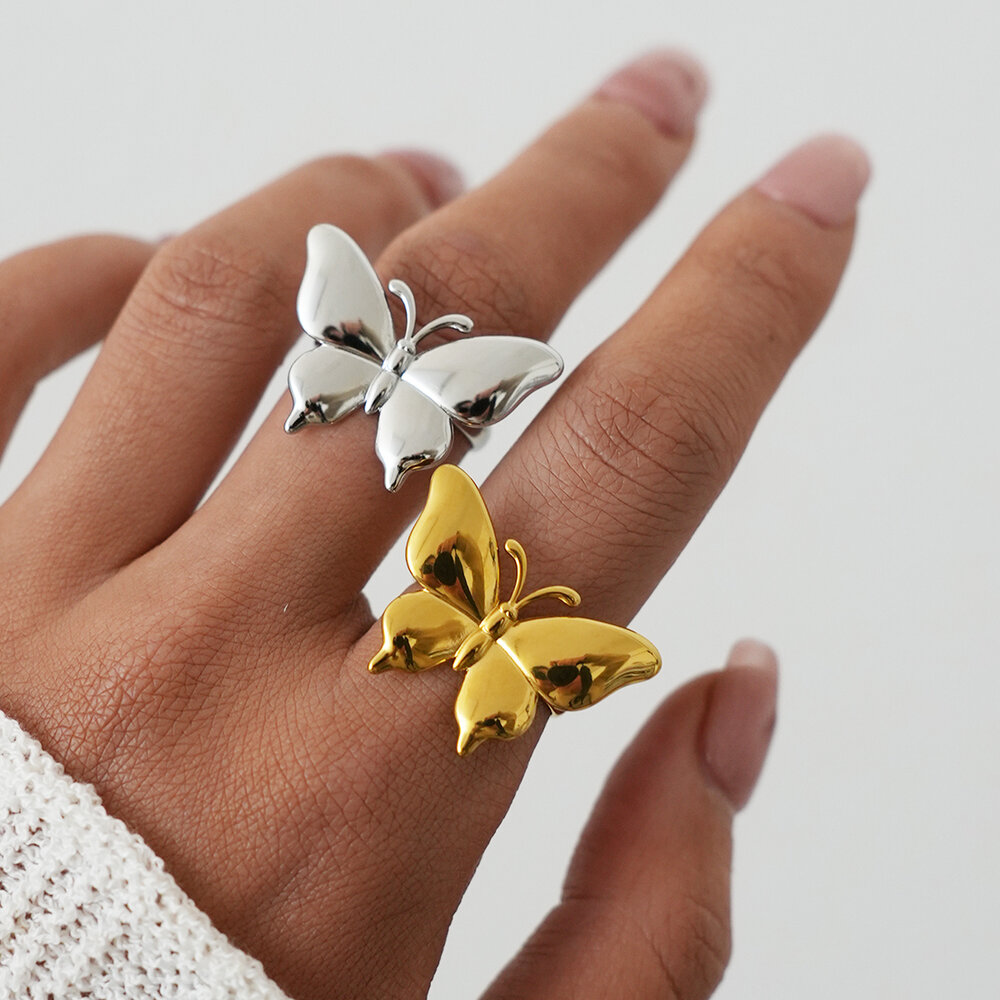 Butterfly Stainless Steel Waterproof Gold Color Statement Rings Picture2