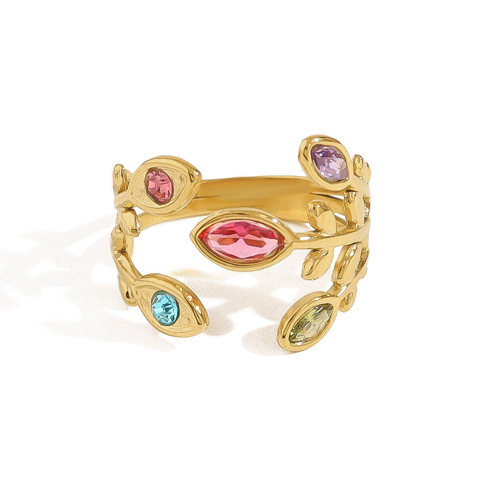 Romantischer Damenring aus Edelstahl mit Blumen- und Blattmotiven, wasserdicht, goldfarben, mit Zirkonia h5 Bild5