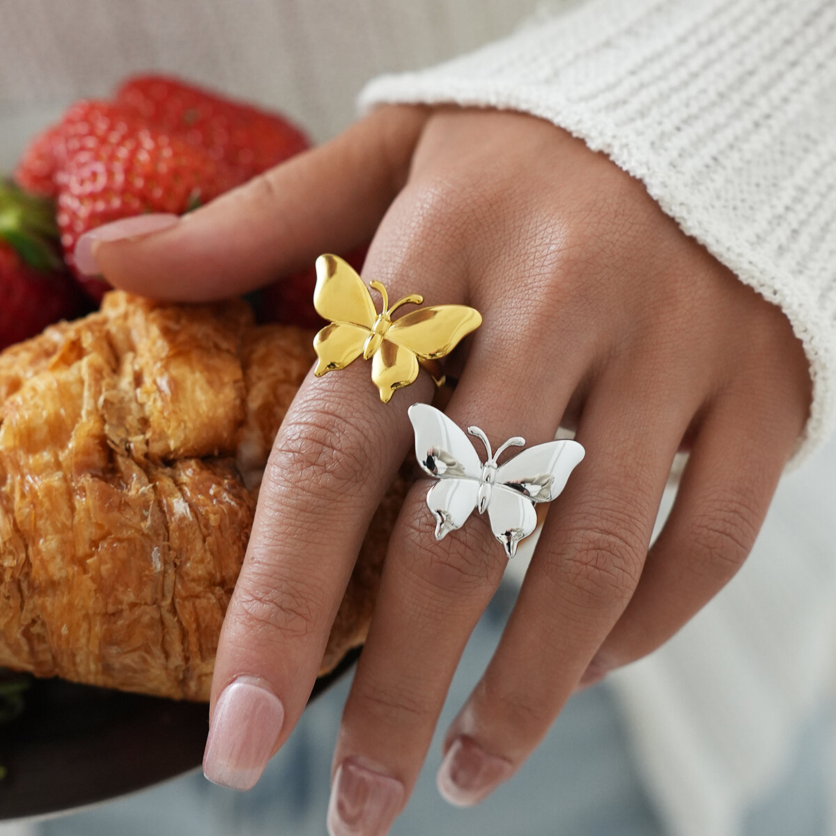 Butterfly Stainless Steel Waterproof   Gold Color  Statement Rings