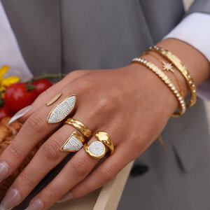 Simple Daily Irregular Shape Stainless Steel Waterproof Gold Color Rhinestone Statement Rings h5 Picture2