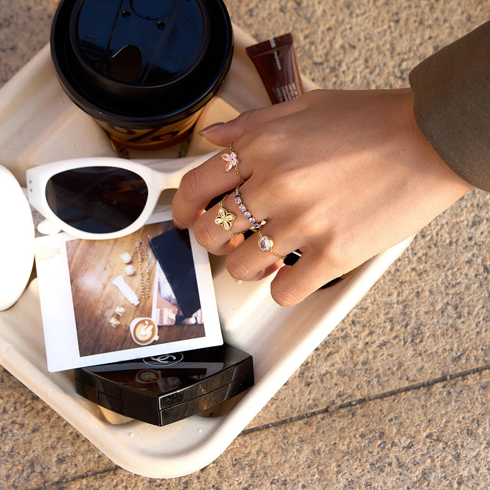 Simple Rectangle Butterfly Stainless Steel Waterproof Gold Color Zircon Women's Gemstone Rings h5Picture5