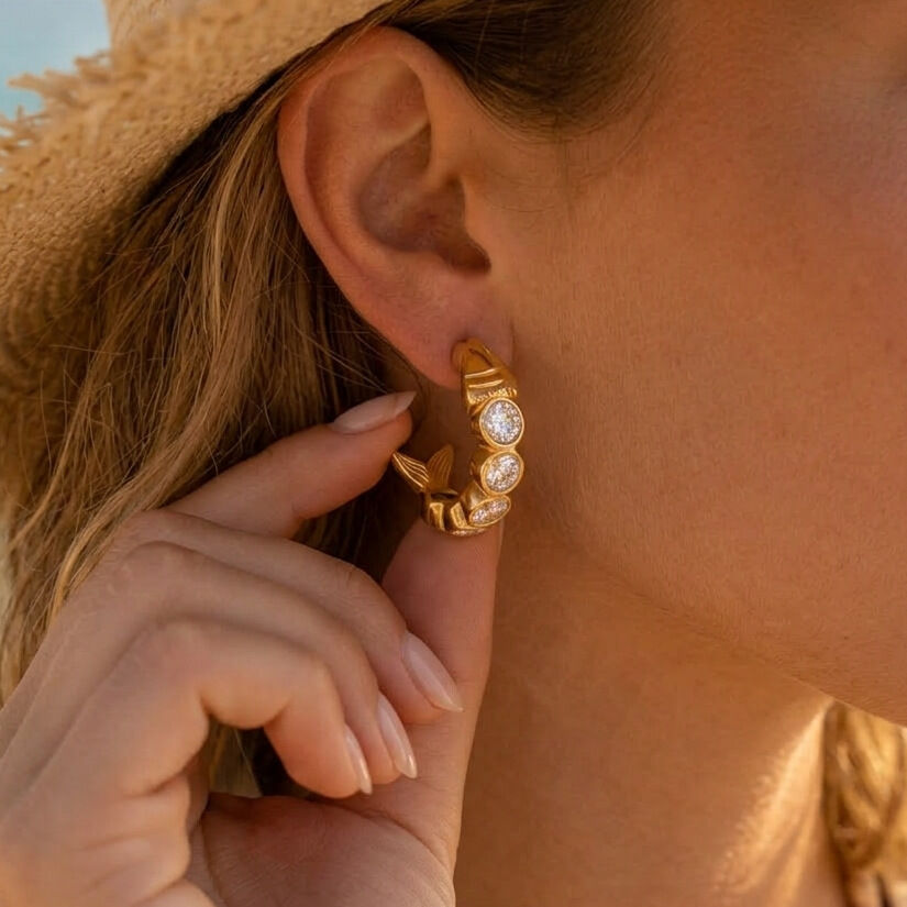 Orecchini a perno da donna a forma di pesce in acciaio inossidabile, impermeabili, color oro, con zirconi. 2