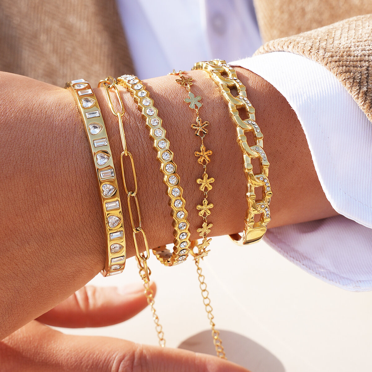 Daily Flower  Heart Rectangle Stainless Steel Waterproof   Gold Color  Women‘s Bangles h5 Picture4