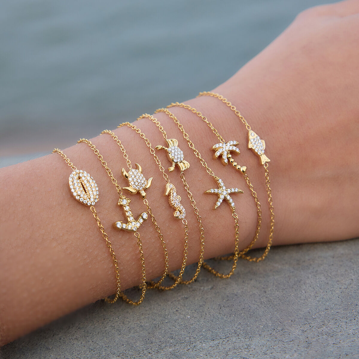 Oceanic Style Starfish Stainless Steel Waterproof Gold Color Zircon Women's Necklaces Sets