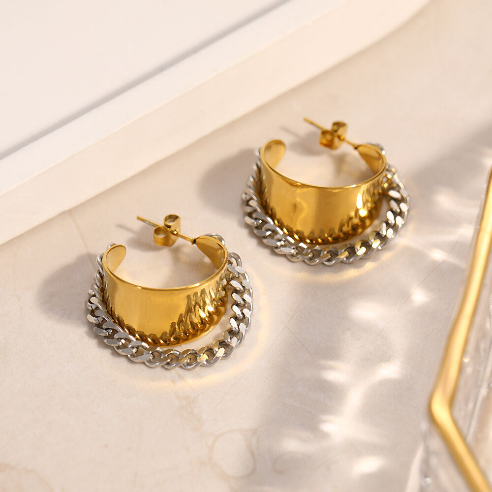 Punk Chain Mixed Gold Color and Silver Colors Stainless Steel Waterproof Women's Stud Earrings h5Picture3