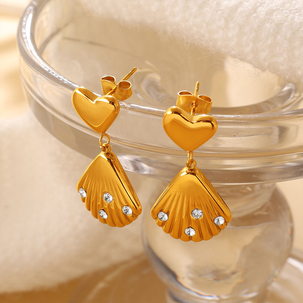 Heart Shell Stainless Steel Waterproof Gold Color Rhinestone Women's Drop Earrings Picture3